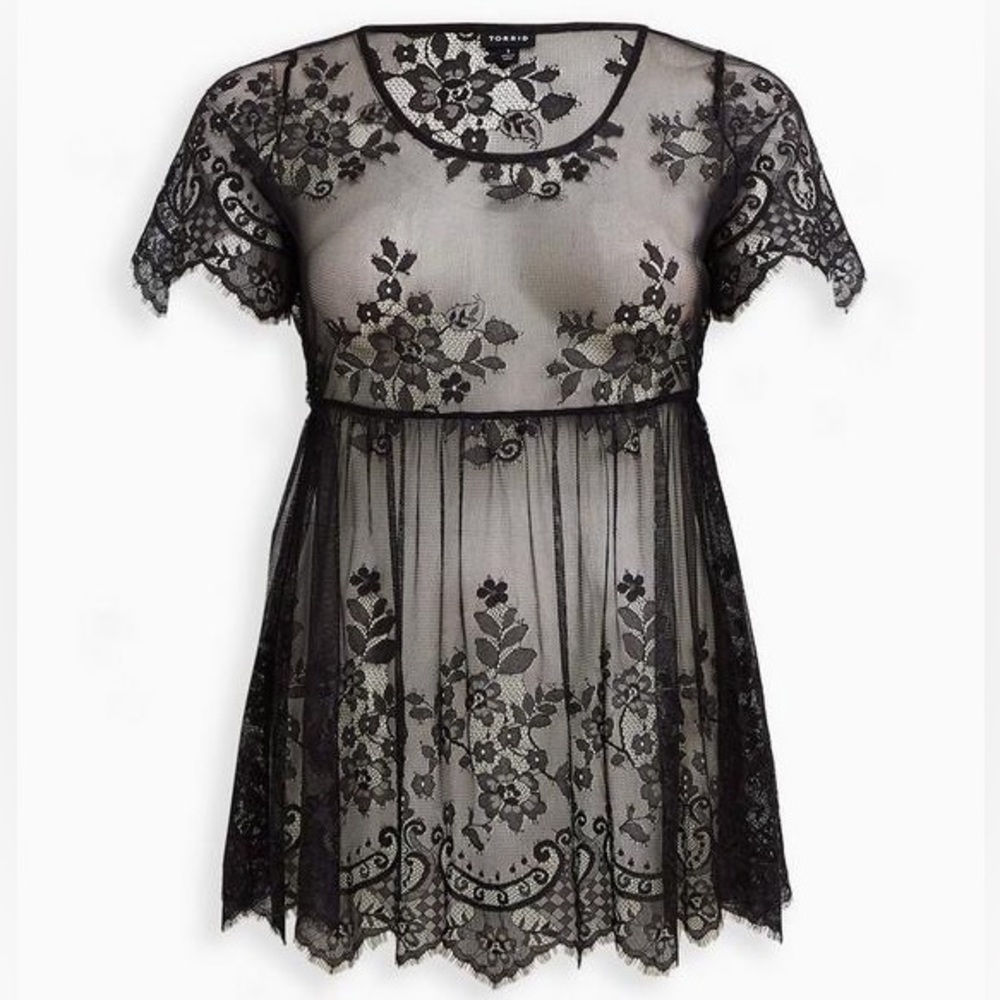 BABYDOLL SHEER LACE SHORT SLEEVE TOP